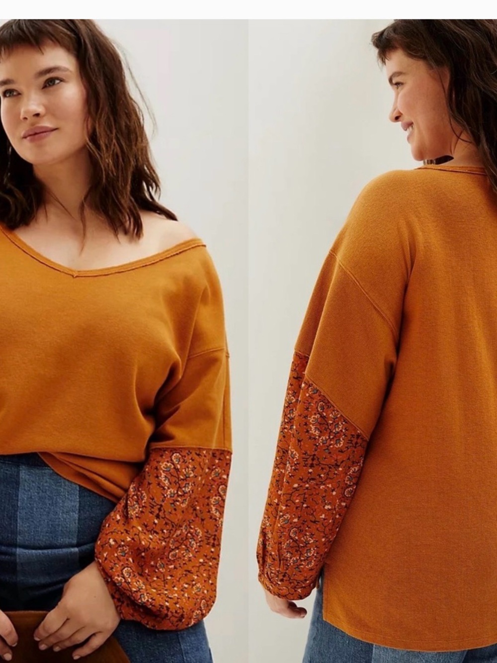 ANTHROPOLOGIE Annette Mustard Yellow‎ Floral Sleeve Top Mixed Media Thermal XL